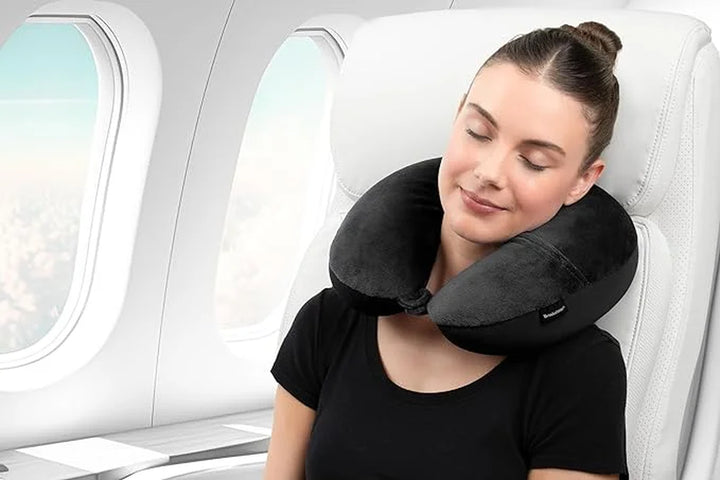 Microbead Travel Head and Neck Pillow Lightweight and Plush with Phone, Headphone Pocket