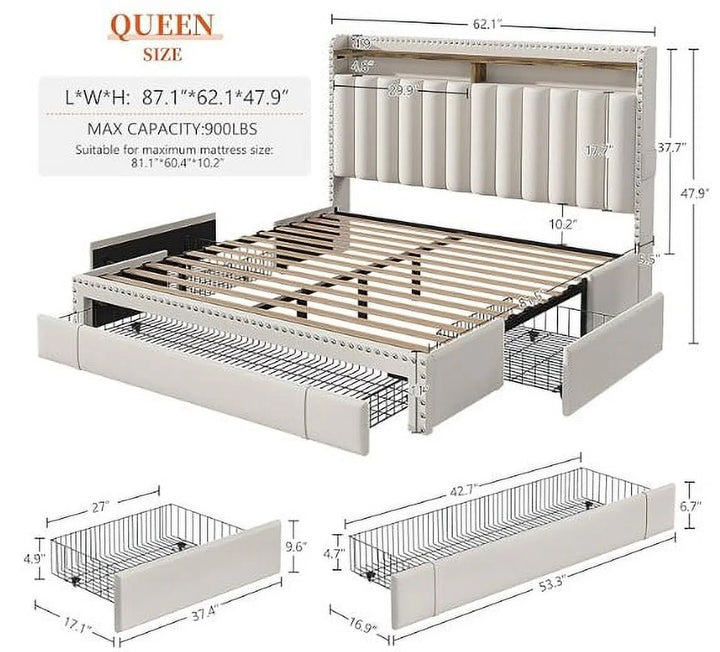 Queen Bed Frame with 3 Storage Drawers Upholstered Queen Size Bed Frame with Headboard Noise Free Platform Bed with Metal Frame & Wood Slats Support Beige Bedroom Furniture for Adults Clothes