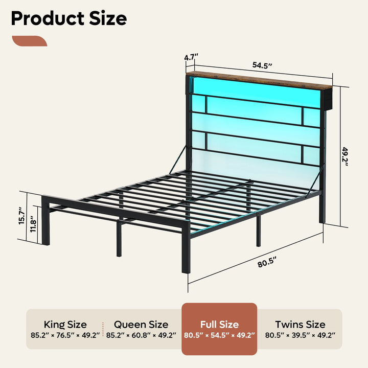 Full Size Bed Frame with 49.2" High LED Storage Headboard Shelf, Metal Platform Bed, Black