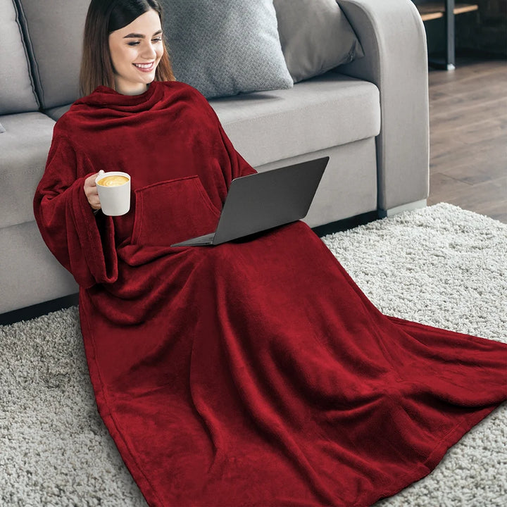 Premium Fleece Blanket with Sleeves for Women Men Adult, Wearable Blanket Warm Cozy, Super Soft Sleeved Throw with Arm, Gift for Women Mom Wife (Wine Red, Kangaroo Pocket)