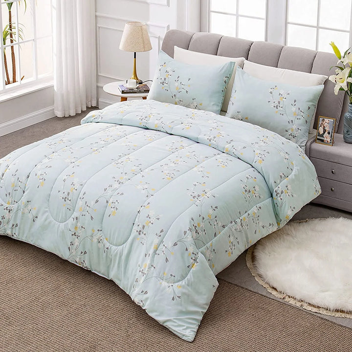 3-Piece Floral King Size Comforter Set, Microfiber Bedding down Alternative Comforter for All Seasons with 2 Pillow Shams, Baby Blue