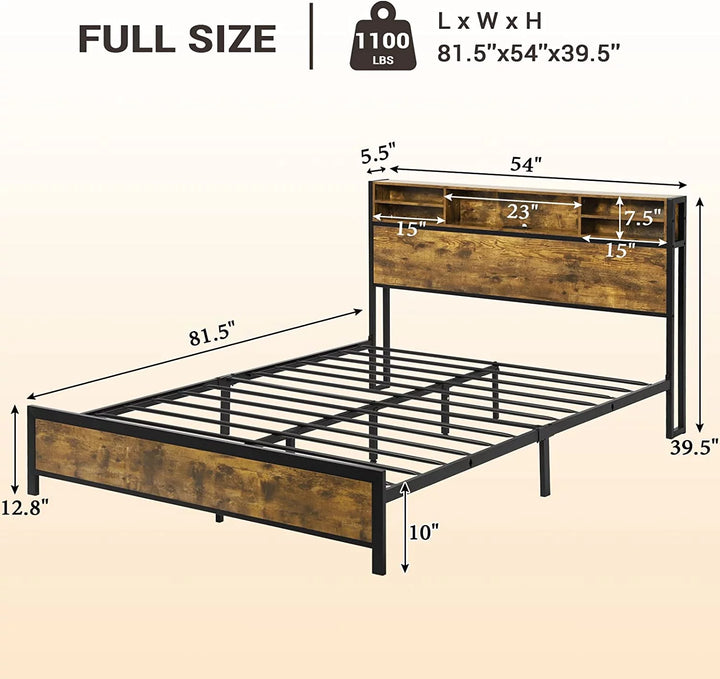 Full Size Bed Frame with LED Light Headboard and USB Ports Outlets, Metal Platform Bed with Headboard Stoarge, No Box Spring Needed, Noise Free, Rustic Brown