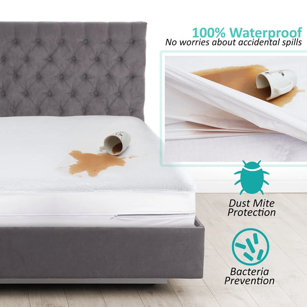 Waterproof Mattress Protector, Premium Mattress Pad Queen, Zippered Mattress Cover Fits Mattresses up to 21 Inches