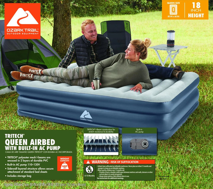 Tritech Quadcomfort 18In Air Mattress Antimicrobial Coating with Built-In AC Pump, Queen