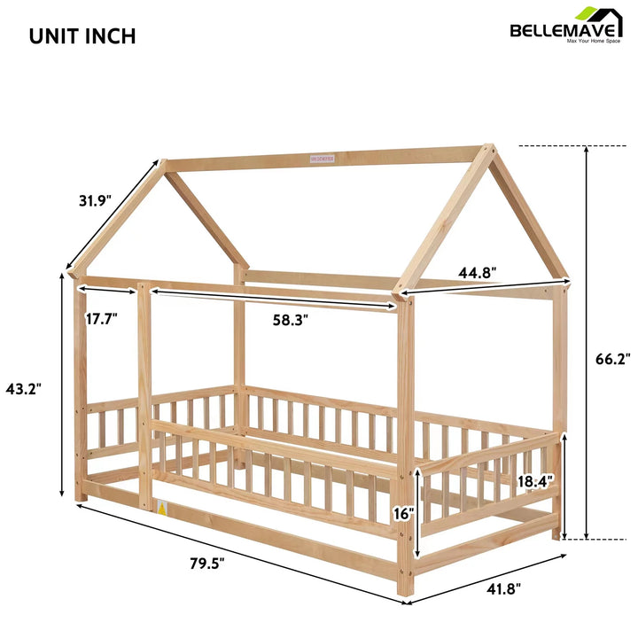 Twin Floor Bed for Kids, Wood Twin Size House Bed Frame with Fence, Montessori Toddler Bed for Kids Girls Boys Teens（Natural)