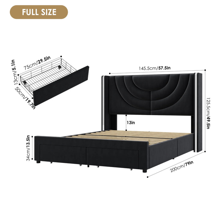 Full Size Platform Bed Frame with Velvet Upholstered Headboard, LED Bed Frame with 2 Drawers, Black