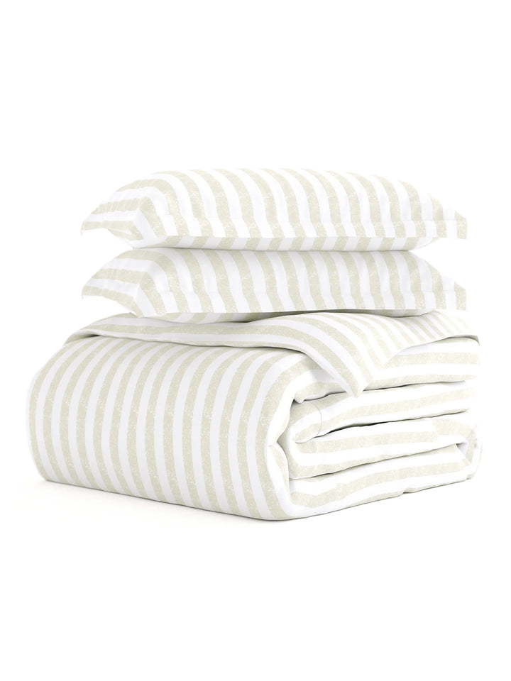 - 3 Piece Ivory Puffed Rugged Striped Duvet Cover Set with Shams for Queen Size Bedding