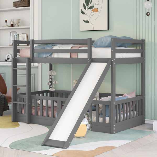 Low Bunk Bed with Slide, Twin over Twin Juniors Bunk Beds with Fence, Floor Bunk Bed Frame with Ladder for Toddler Kids Teens(Gray)