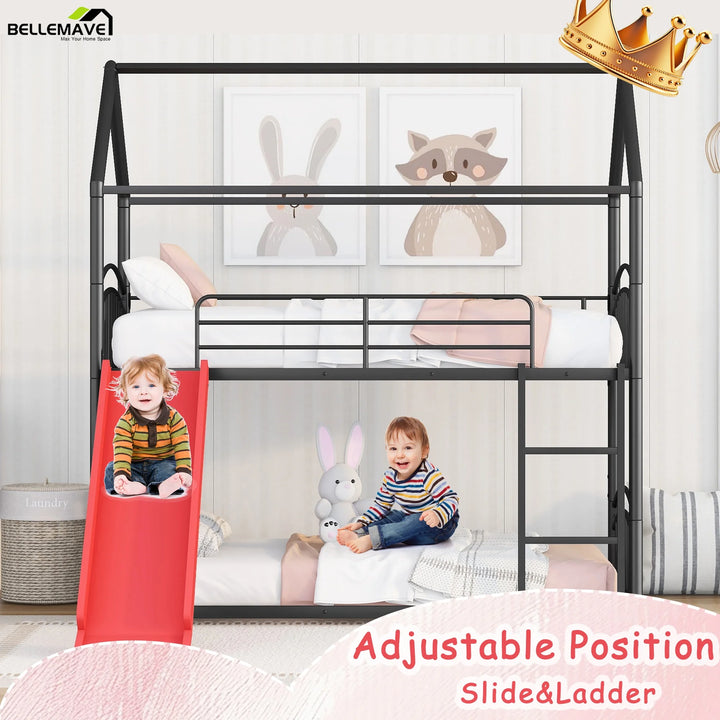 Metal Twin Bunk Bed with Red Slide, Floor Toddler Bunk Bed, House Bunk Bed for Kids, Boys & Girls, Twin Bunk Bed Can Be Separated into 2 Beds (Black)